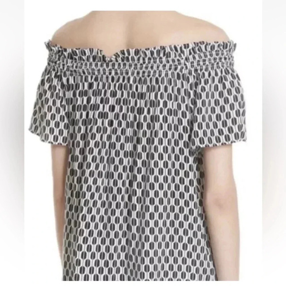 Kate Spade Off Shoulder Tassel Top Black White Abstract Print XXS Rayon - Picture 3 of 16